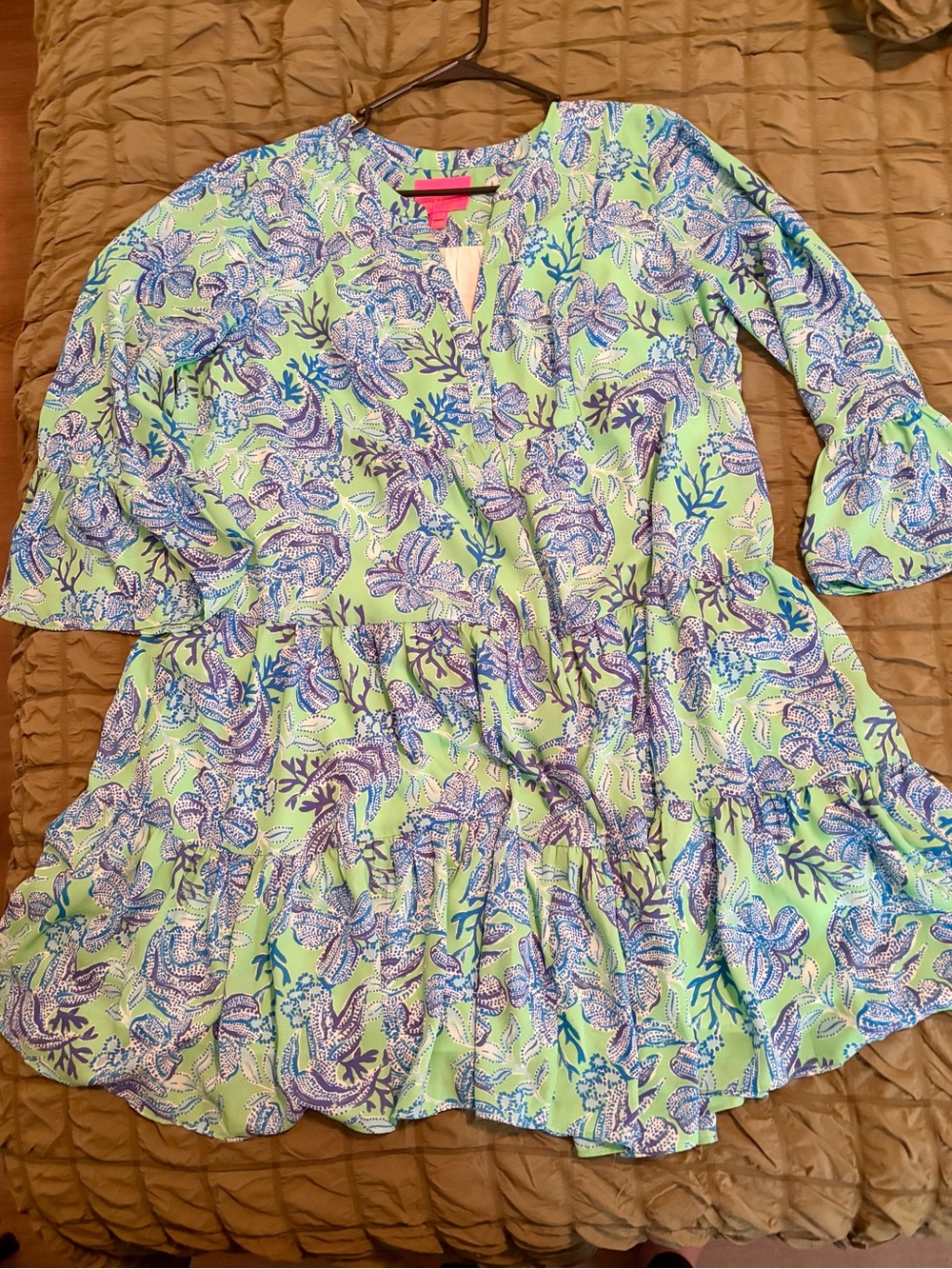 Lilly Pulitzer Green Floral Print Tiered Ruffle Swing Dress, Size 14